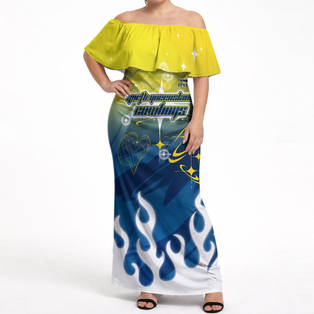 Personalized North Queensland Cowboys Off Shoulder Maxi Dress Y2K Grunge Aesthetic With Cyber Flames and Starburst Graphics