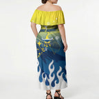 Personalized North Queensland Cowboys Off Shoulder Maxi Dress Y2K Grunge Aesthetic With Cyber Flames and Starburst Graphics