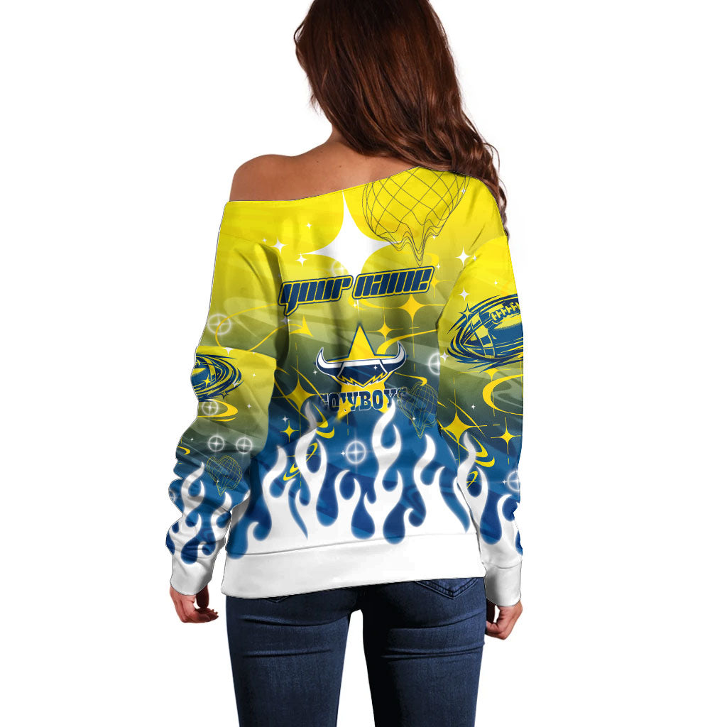 Personalized North Queensland Cowboys Off Shoulder Sweater Y2K Grunge Aesthetic With Cyber Flames and Starburst Graphics
