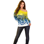 Personalized North Queensland Cowboys Off Shoulder Sweater Y2K Grunge Aesthetic With Cyber Flames and Starburst Graphics