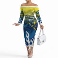 Personalized North Queensland Cowboys Off The Shoulder Long Sleeve Dress Y2K Grunge Aesthetic With Cyber Flames and Starburst Graphics