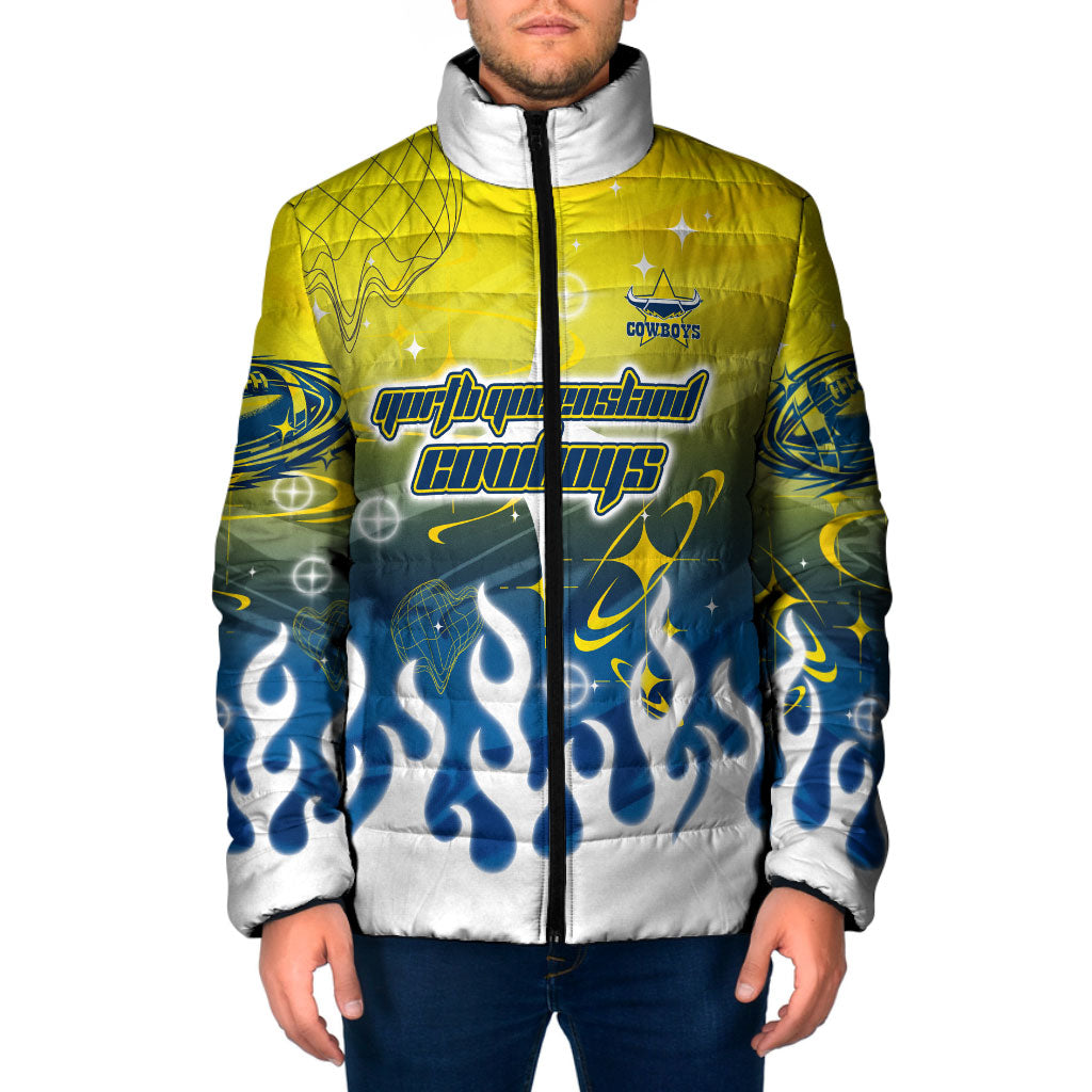 Personalized North Queensland Cowboys Padded Jacket Y2K Grunge Aesthetic With Cyber Flames and Starburst Graphics