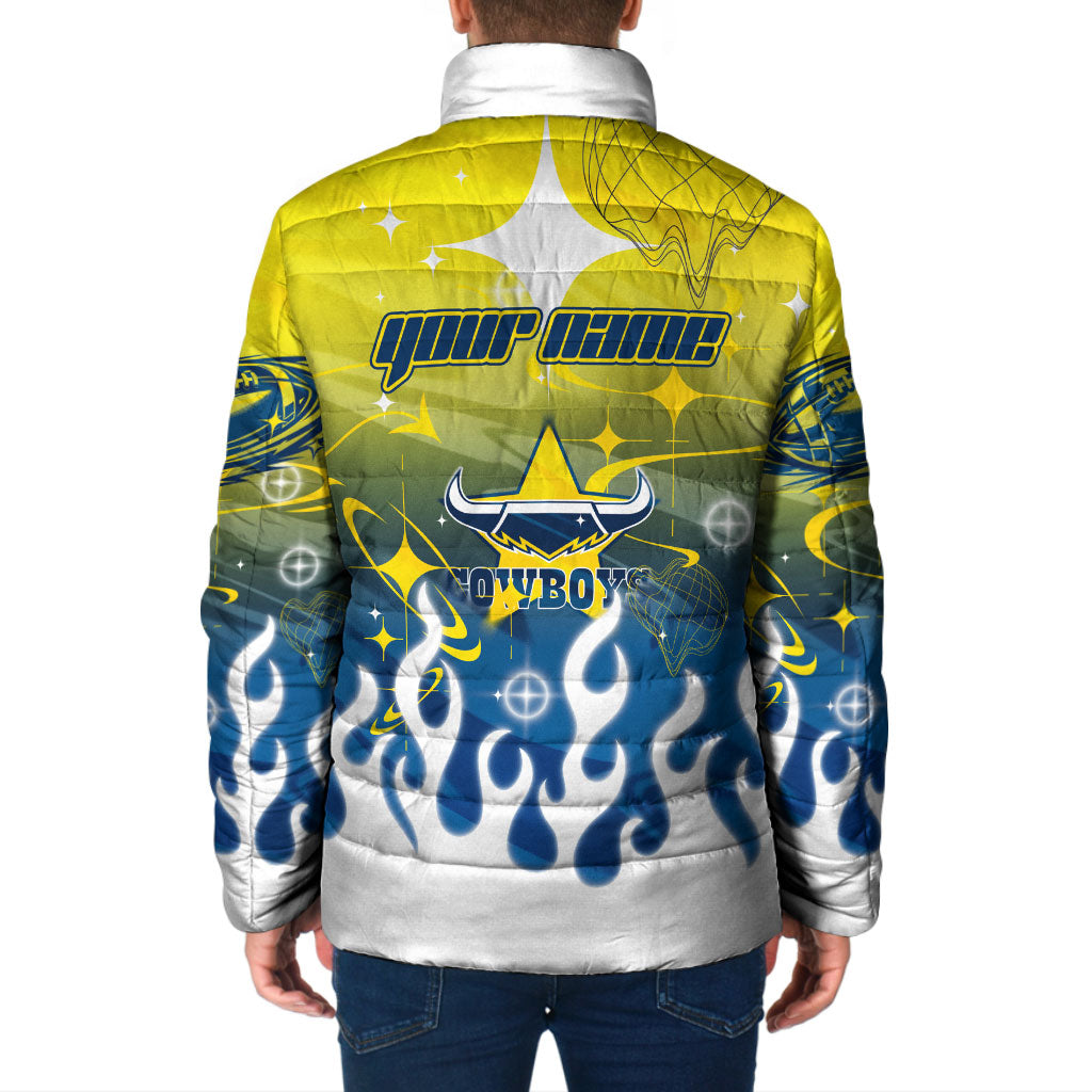 Personalized North Queensland Cowboys Padded Jacket Y2K Grunge Aesthetic With Cyber Flames and Starburst Graphics