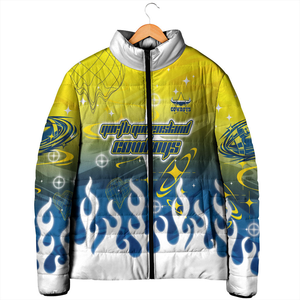 Personalized North Queensland Cowboys Padded Jacket Y2K Grunge Aesthetic With Cyber Flames and Starburst Graphics
