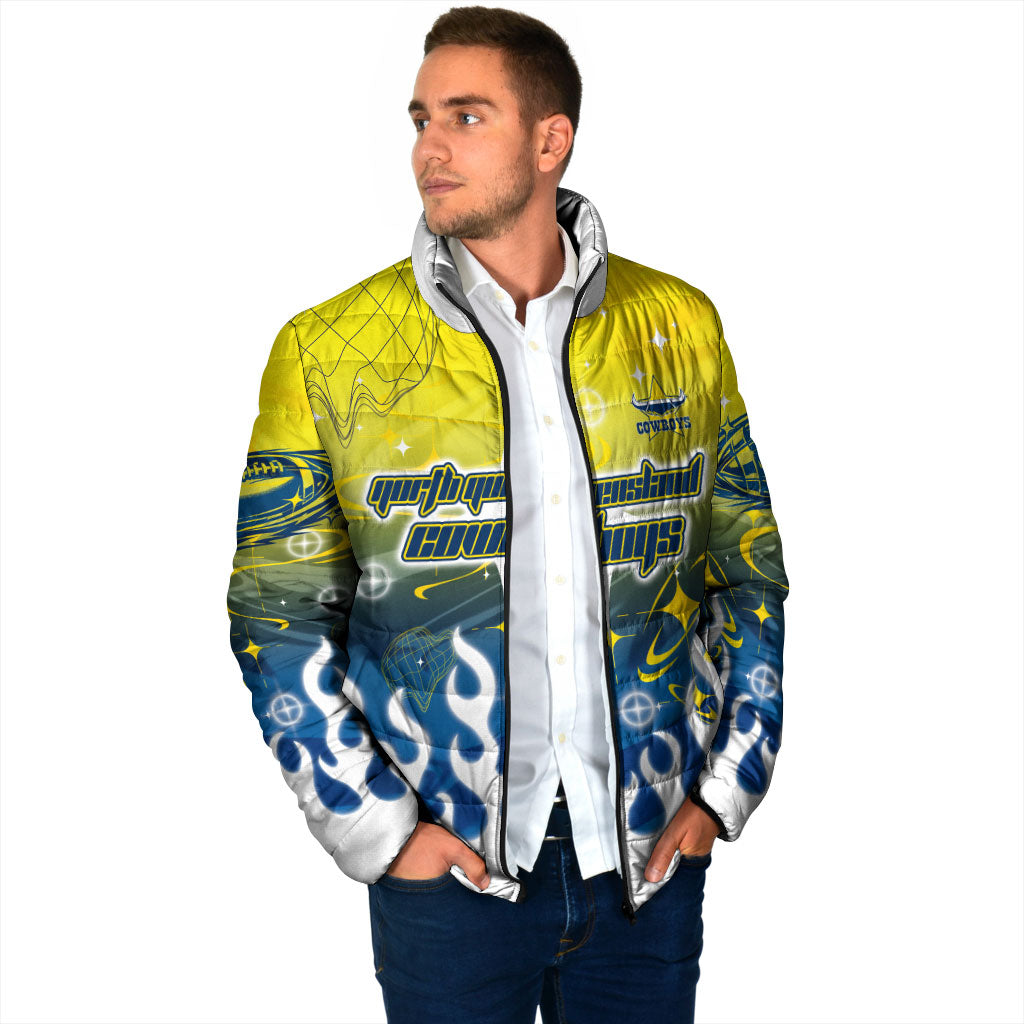 Personalized North Queensland Cowboys Padded Jacket Y2K Grunge Aesthetic With Cyber Flames and Starburst Graphics