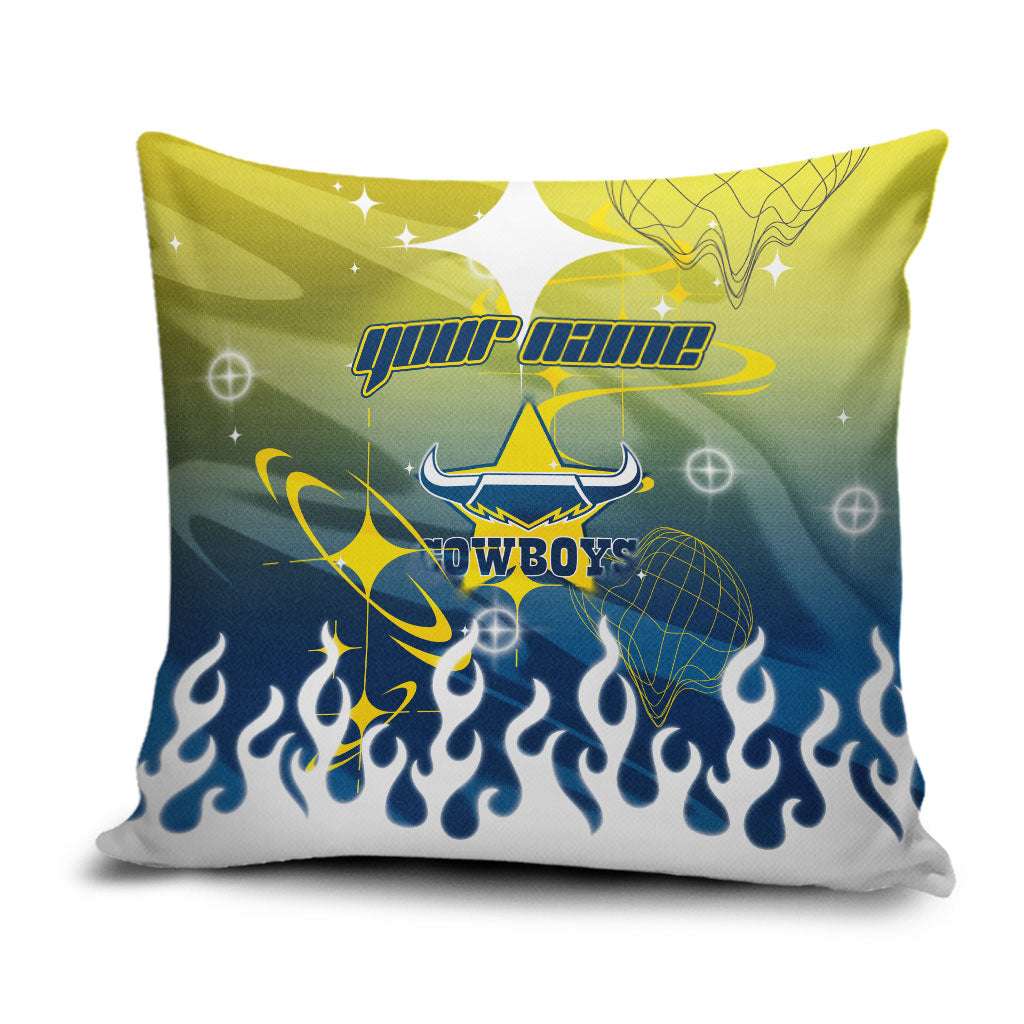 Personalized North Queensland Cowboys Pillow Cover Y2K Grunge Aesthetic With Cyber Flames and Starburst Graphics