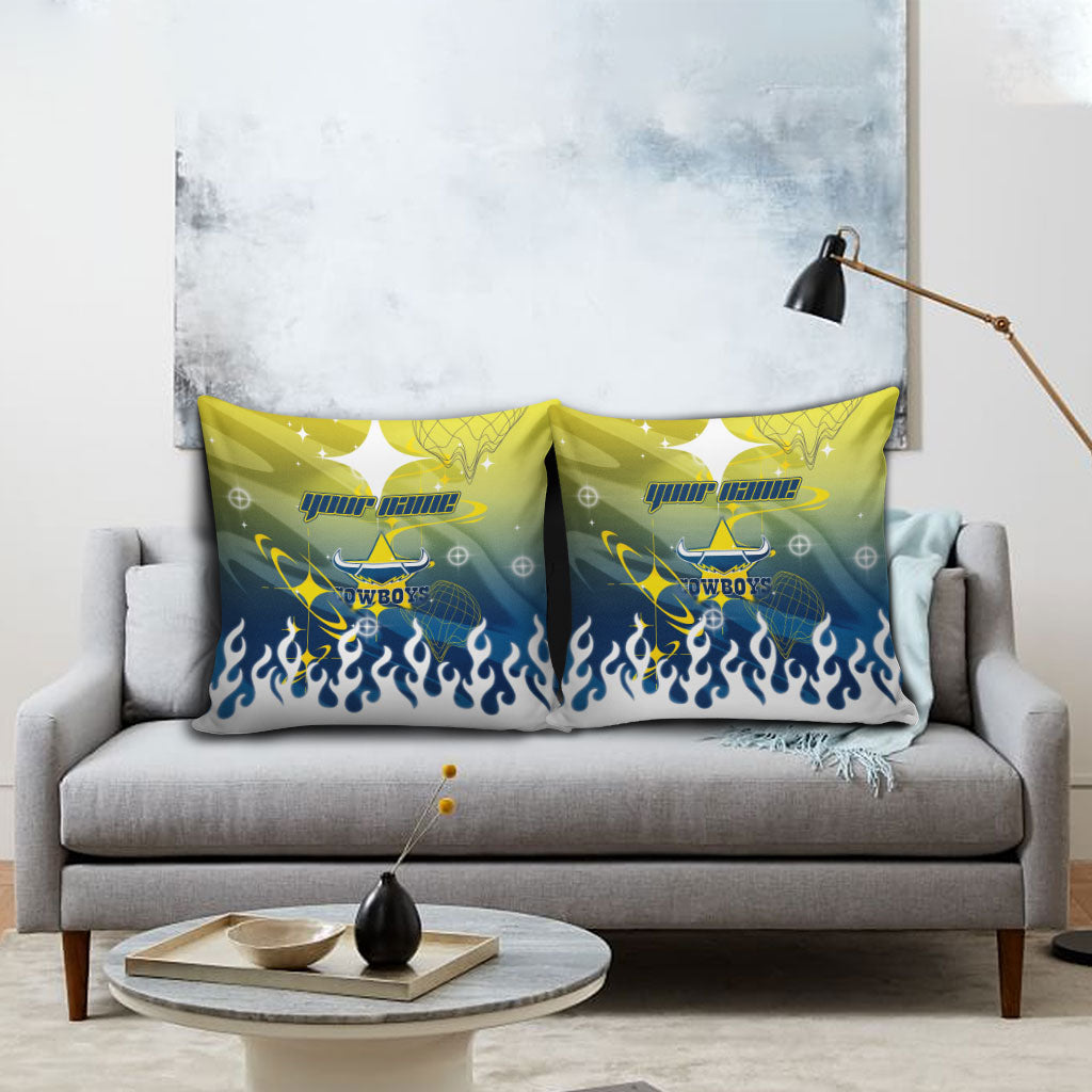 Personalized North Queensland Cowboys Pillow Cover Y2K Grunge Aesthetic With Cyber Flames and Starburst Graphics