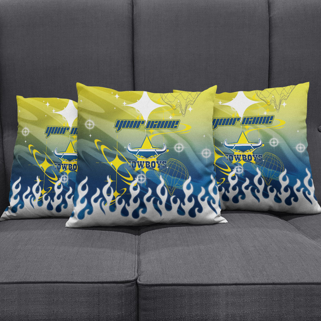 Personalized North Queensland Cowboys Pillow Cover Y2K Grunge Aesthetic With Cyber Flames and Starburst Graphics