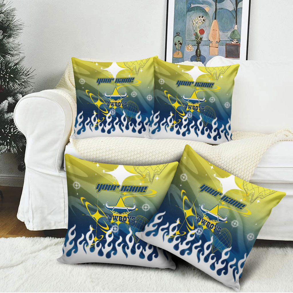 Personalized North Queensland Cowboys Pillow Cover Y2K Grunge Aesthetic With Cyber Flames and Starburst Graphics