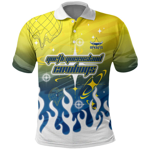 Personalized North Queensland Cowboys Polo Shirt Y2K Grunge Aesthetic With Cyber Flames and Starburst Graphics