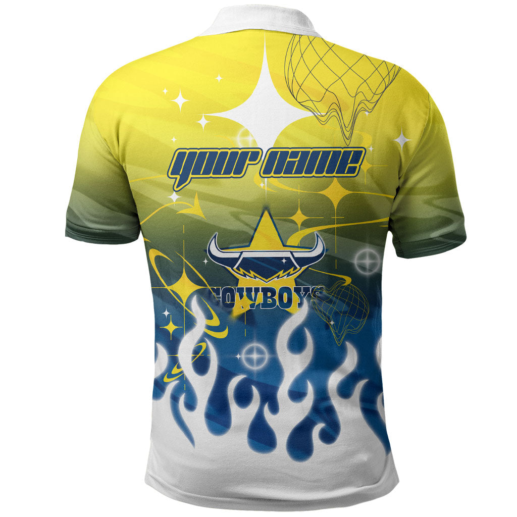 Personalized North Queensland Cowboys Polo Shirt Y2K Grunge Aesthetic With Cyber Flames and Starburst Graphics