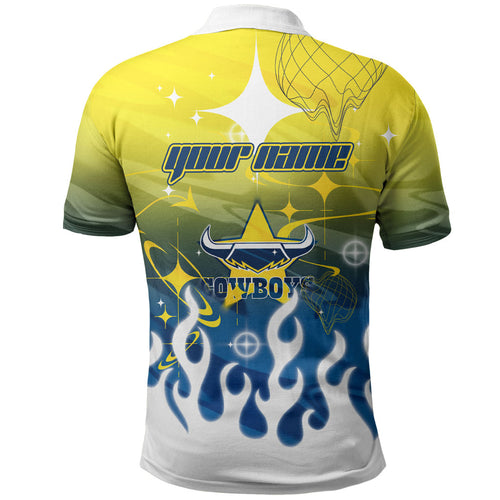 Personalized North Queensland Cowboys Polo Shirt Y2K Grunge Aesthetic With Cyber Flames and Starburst Graphics
