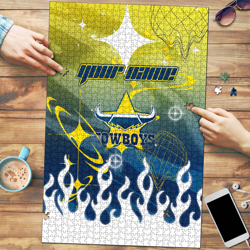 Personalized North Queensland Cowboys Puzzle Y2K Grunge Aesthetic With Cyber Flames and Starburst Graphics