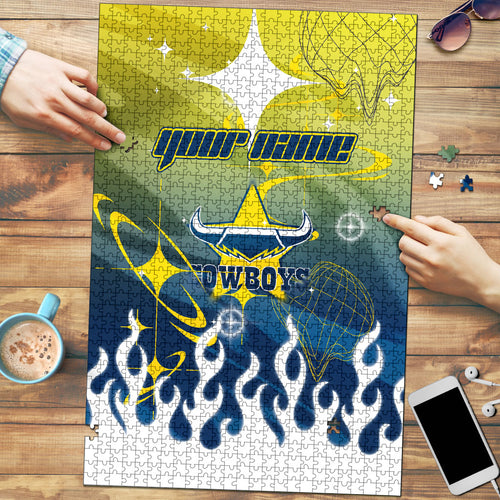 Personalized North Queensland Cowboys Puzzle Y2K Grunge Aesthetic With Cyber Flames and Starburst Graphics