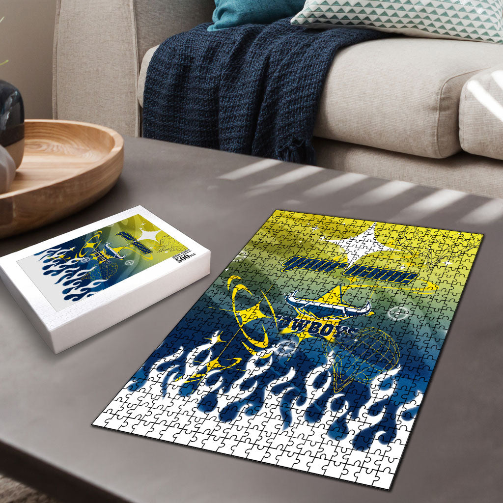 Personalized North Queensland Cowboys Puzzle Y2K Grunge Aesthetic With Cyber Flames and Starburst Graphics