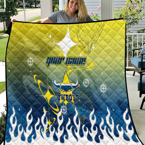 Personalized North Queensland Cowboys Quilt Y2K Grunge Aesthetic With Cyber Flames and Starburst Graphics