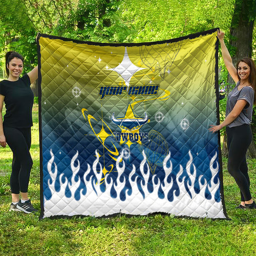 Personalized North Queensland Cowboys Quilt Y2K Grunge Aesthetic With Cyber Flames and Starburst Graphics