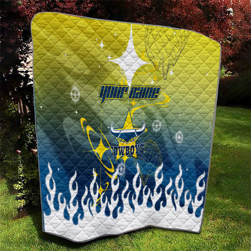 Personalized North Queensland Cowboys Quilt Y2K Grunge Aesthetic With Cyber Flames and Starburst Graphics