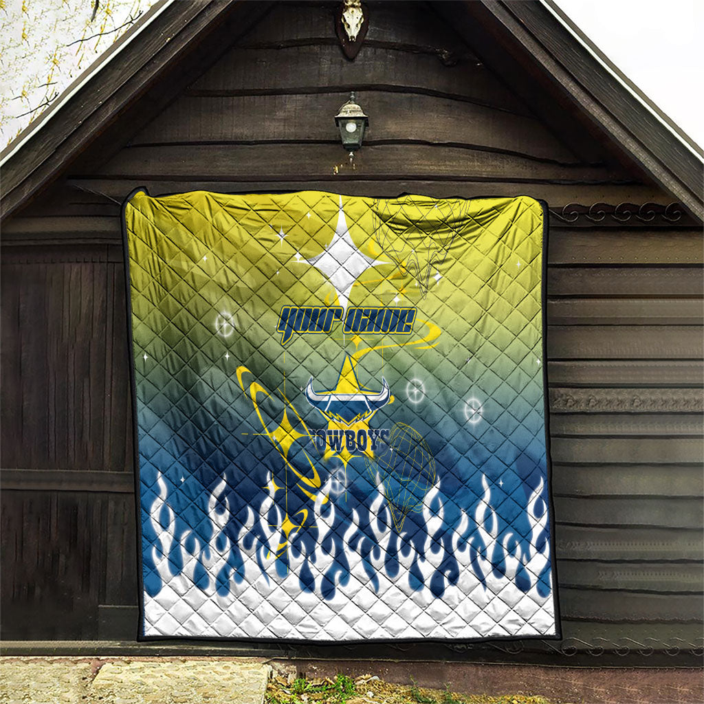 Personalized North Queensland Cowboys Quilt Y2K Grunge Aesthetic With Cyber Flames and Starburst Graphics