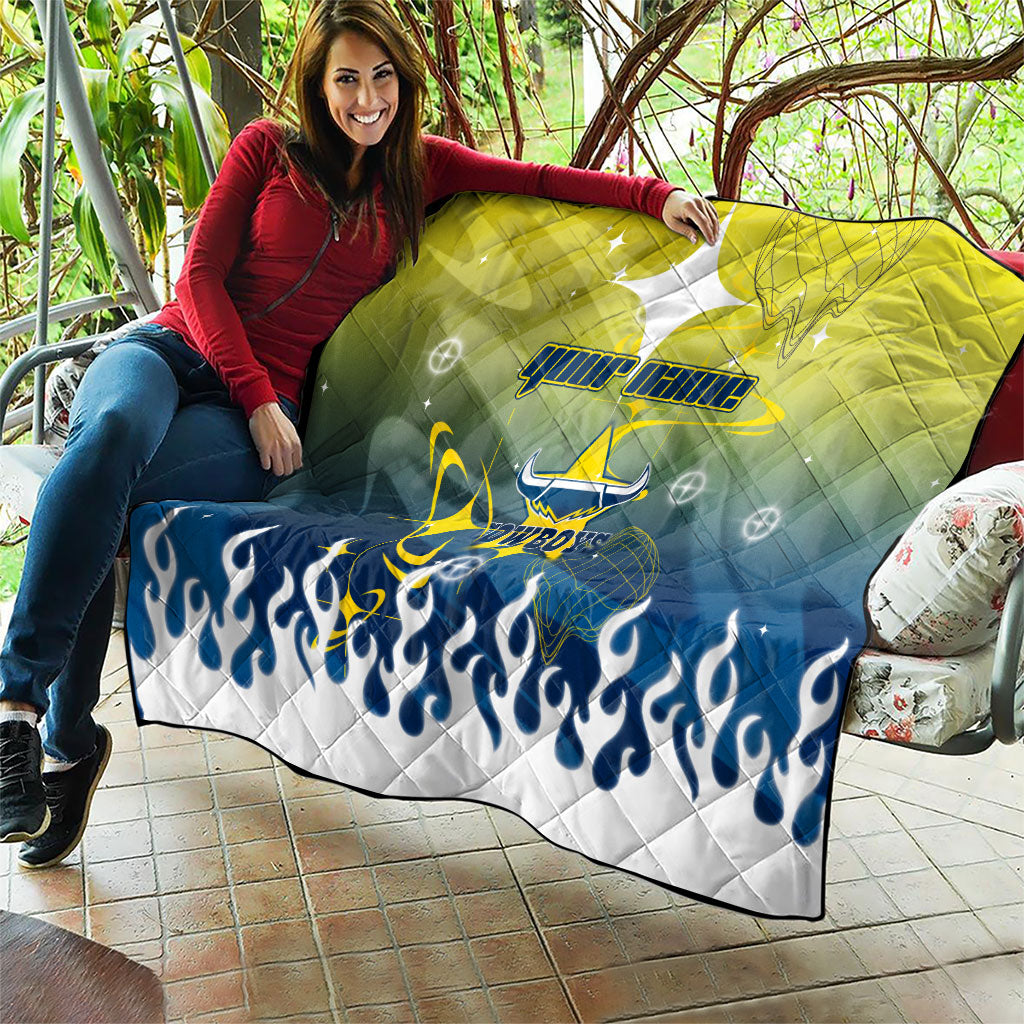 Personalized North Queensland Cowboys Quilt Y2K Grunge Aesthetic With Cyber Flames and Starburst Graphics