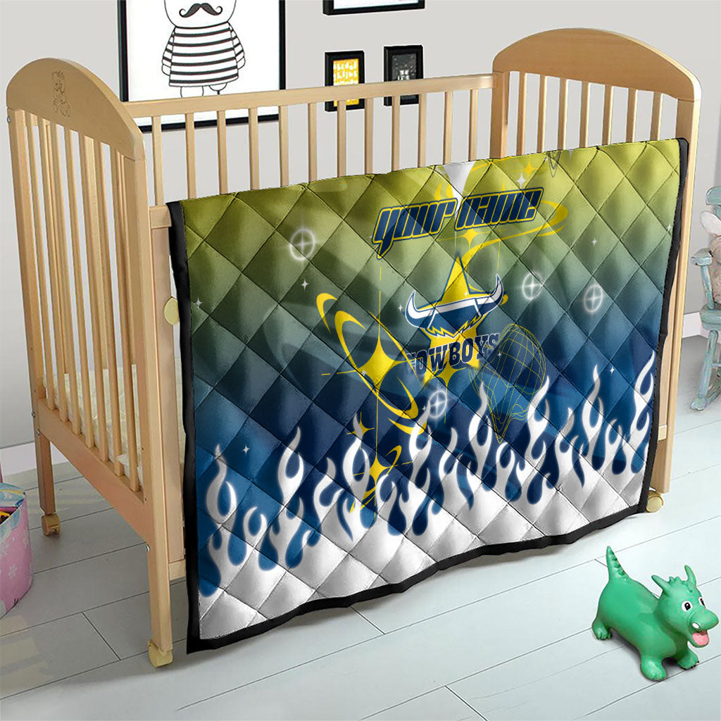 Personalized North Queensland Cowboys Quilt Y2K Grunge Aesthetic With Cyber Flames and Starburst Graphics