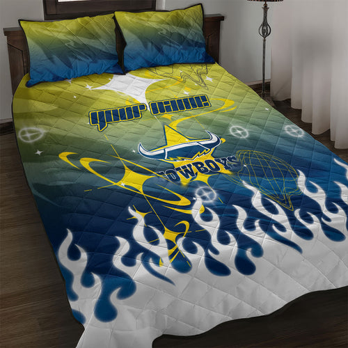 Personalized North Queensland Cowboys Quilt Bed Set Y2K Grunge Aesthetic With Cyber Flames and Starburst Graphics