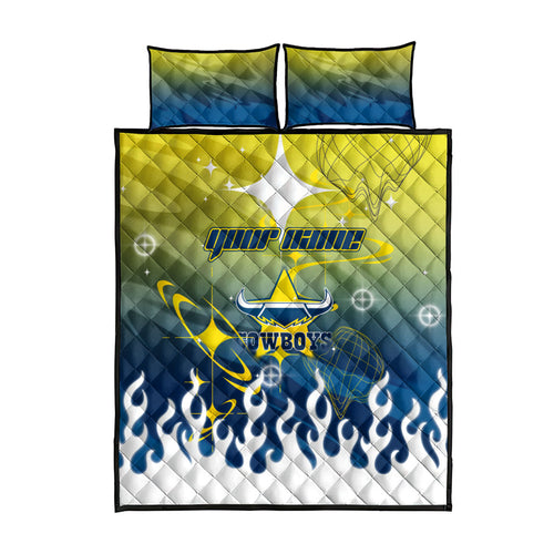 Personalized North Queensland Cowboys Quilt Bed Set Y2K Grunge Aesthetic With Cyber Flames and Starburst Graphics