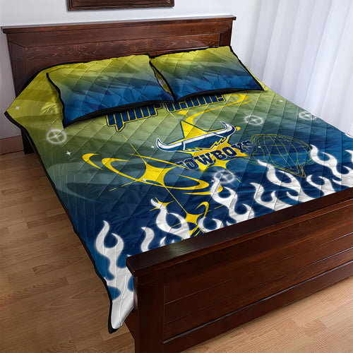 Personalized North Queensland Cowboys Quilt Bed Set Y2K Grunge Aesthetic With Cyber Flames and Starburst Graphics