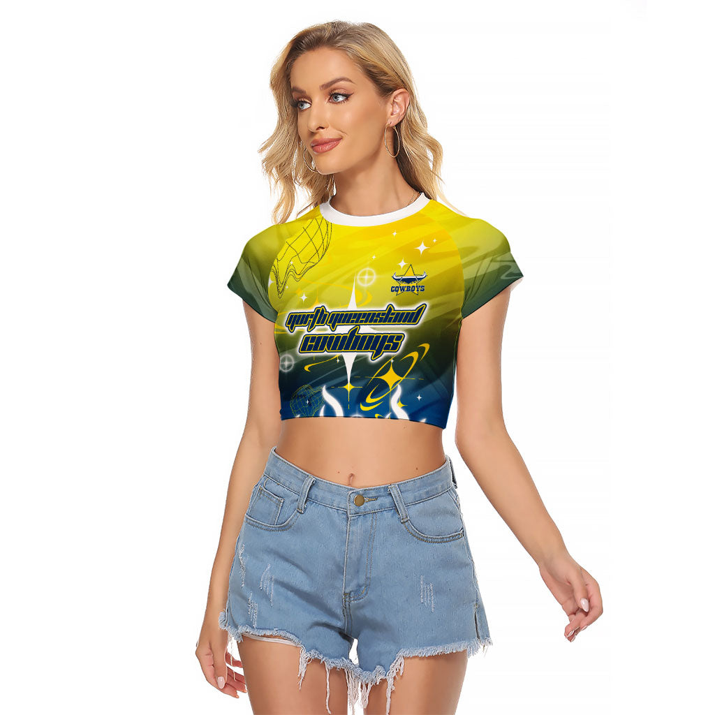 Personalized North Queensland Cowboys Raglan Cropped T Shirt Y2K Grunge Aesthetic With Cyber Flames and Starburst Graphics