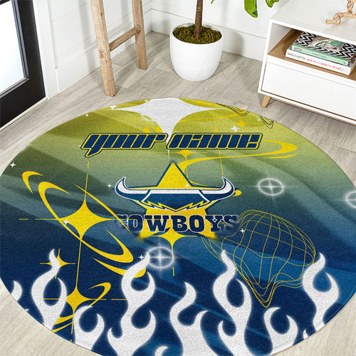 Personalized North Queensland Cowboys Round Carpet Y2K Grunge Aesthetic With Cyber Flames and Starburst Graphics