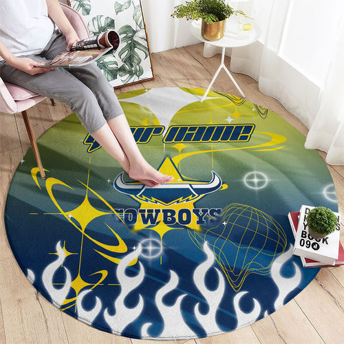 Personalized North Queensland Cowboys Round Carpet Y2K Grunge Aesthetic With Cyber Flames and Starburst Graphics