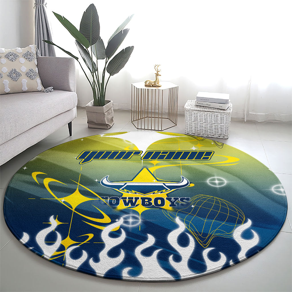 Personalized North Queensland Cowboys Round Carpet Y2K Grunge Aesthetic With Cyber Flames and Starburst Graphics