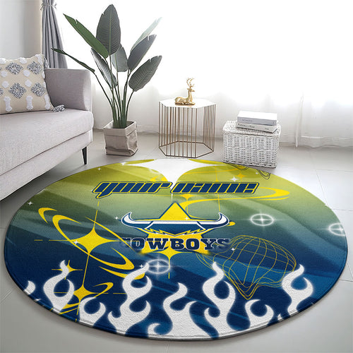 Personalized North Queensland Cowboys Round Carpet Y2K Grunge Aesthetic With Cyber Flames and Starburst Graphics