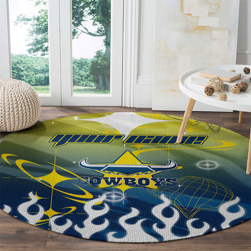 Personalized North Queensland Cowboys Round Carpet Y2K Grunge Aesthetic With Cyber Flames and Starburst Graphics