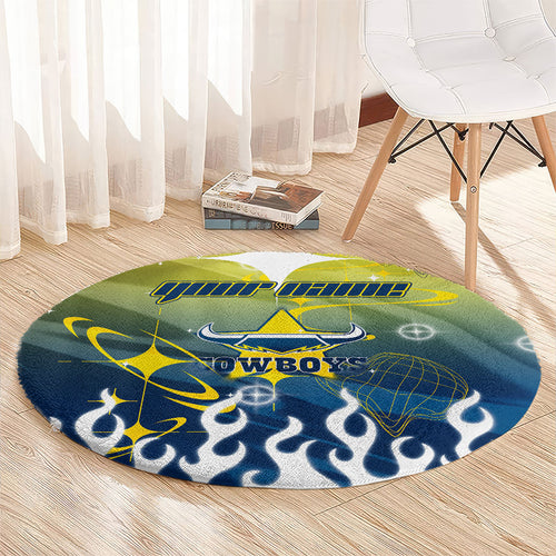 Personalized North Queensland Cowboys Round Carpet Y2K Grunge Aesthetic With Cyber Flames and Starburst Graphics