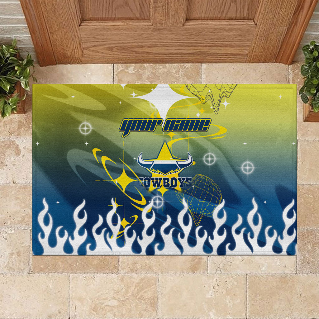 Personalized North Queensland Cowboys Rubber Doormat Y2K Grunge Aesthetic With Cyber Flames and Starburst Graphics