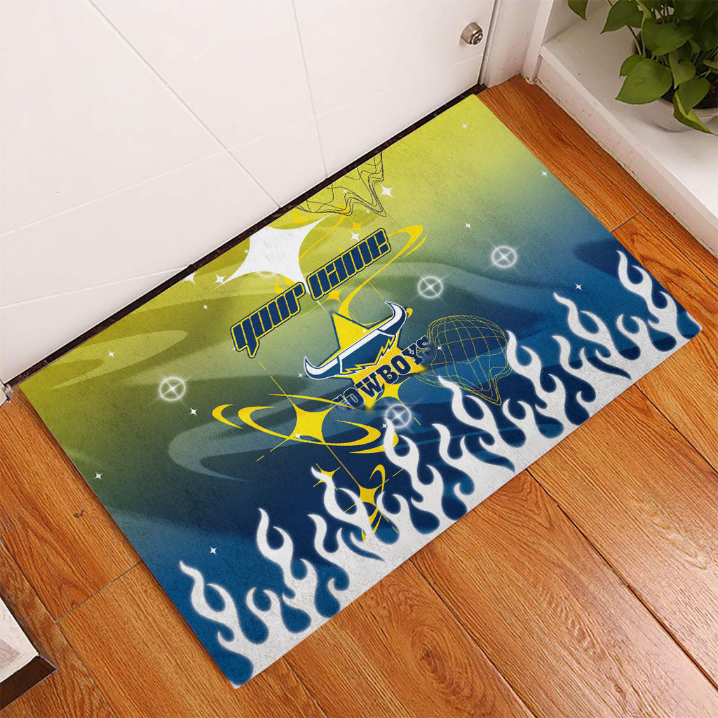 Personalized North Queensland Cowboys Rubber Doormat Y2K Grunge Aesthetic With Cyber Flames and Starburst Graphics