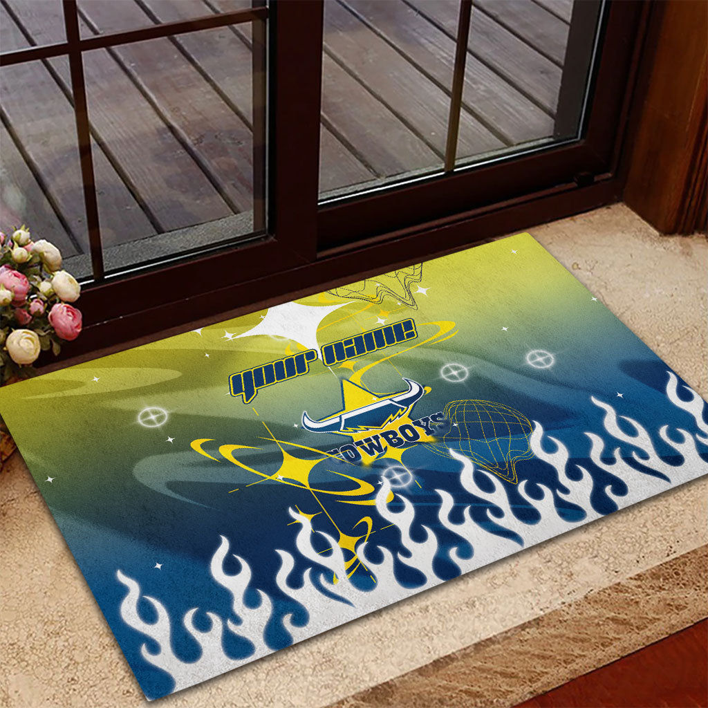Personalized North Queensland Cowboys Rubber Doormat Y2K Grunge Aesthetic With Cyber Flames and Starburst Graphics