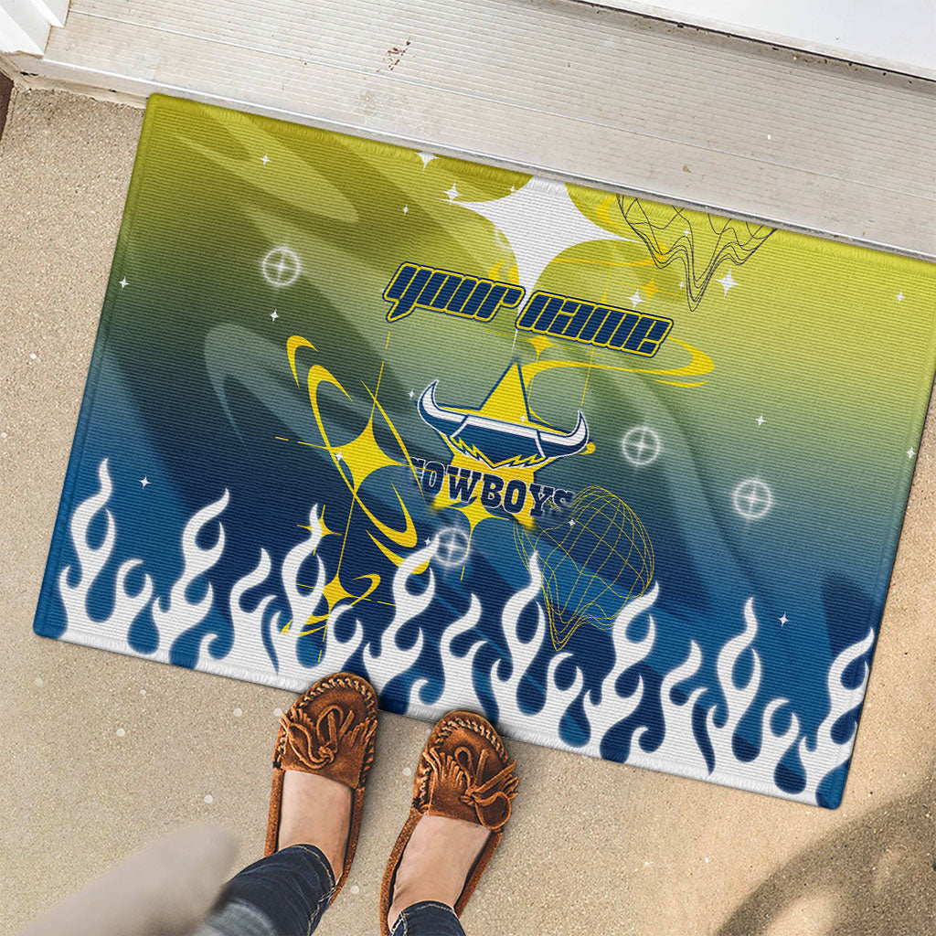 Personalized North Queensland Cowboys Rubber Doormat Y2K Grunge Aesthetic With Cyber Flames and Starburst Graphics