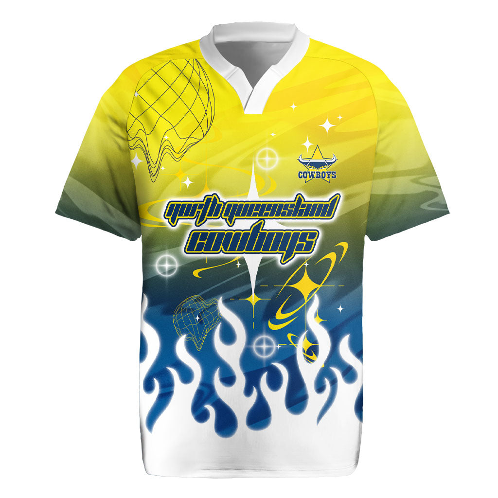Personalized North Queensland Cowboys Rugby Jersey Y2K Grunge Aesthetic With Cyber Flames and Starburst Graphics