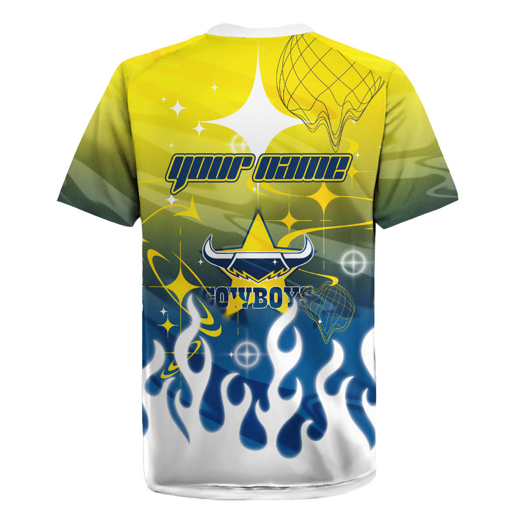 Personalized North Queensland Cowboys Rugby Jersey Y2K Grunge Aesthetic With Cyber Flames and Starburst Graphics