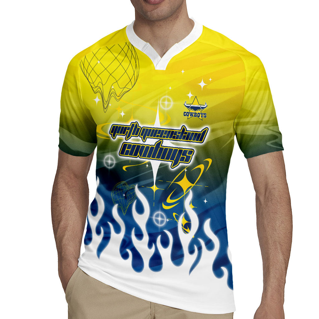 Personalized North Queensland Cowboys Rugby Jersey Y2K Grunge Aesthetic With Cyber Flames and Starburst Graphics