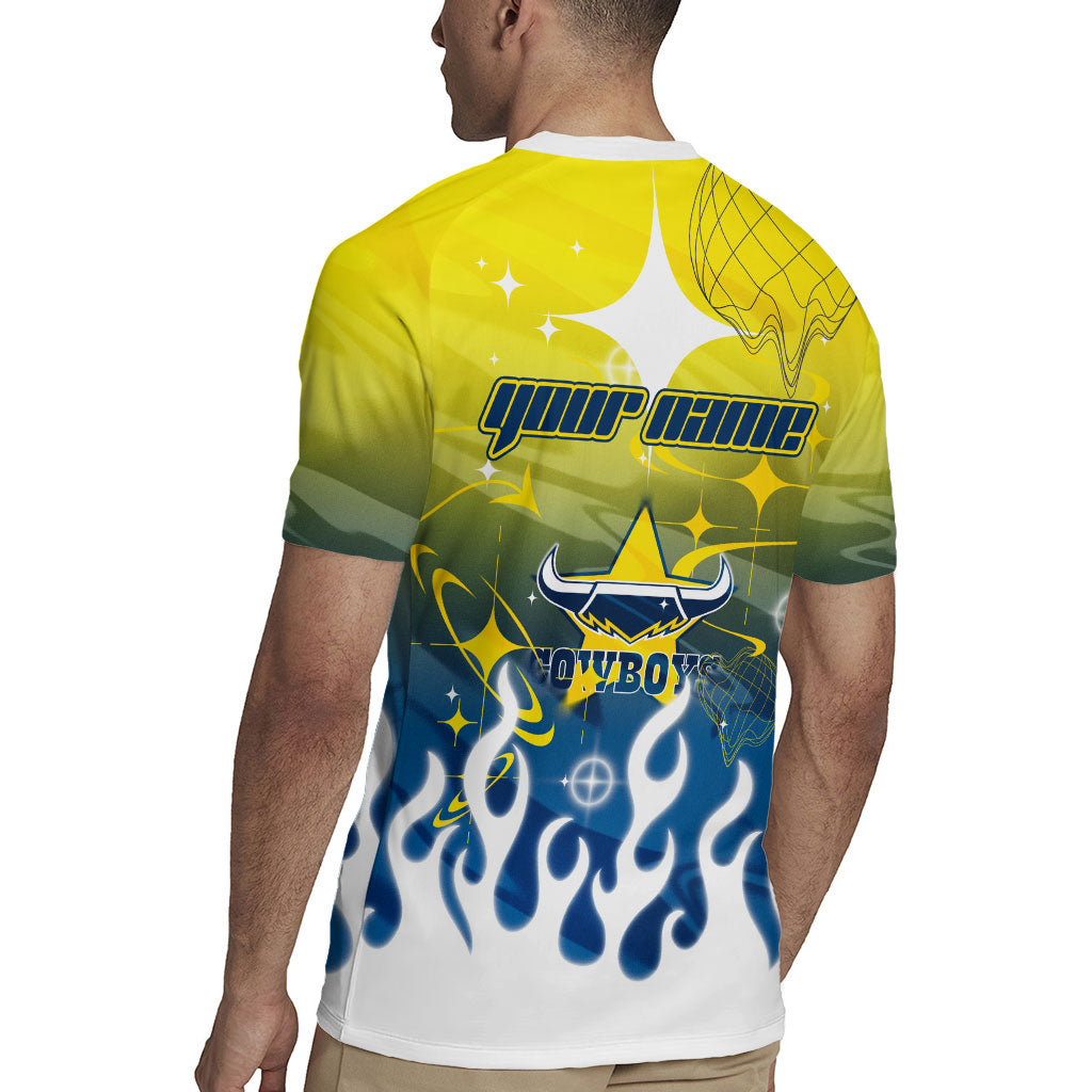 Personalized North Queensland Cowboys Rugby Jersey Y2K Grunge Aesthetic With Cyber Flames and Starburst Graphics