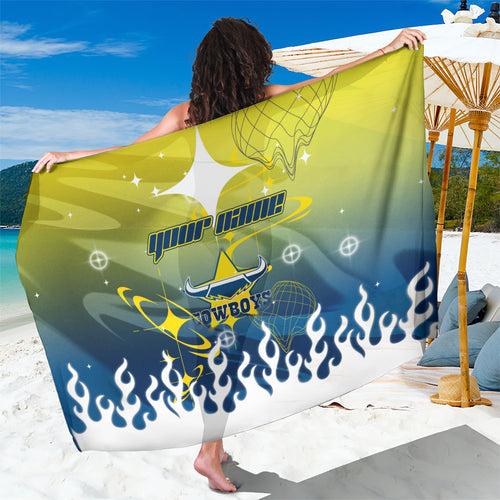 Personalized North Queensland Cowboys Sarong Y2K Grunge Aesthetic With Cyber Flames and Starburst Graphics