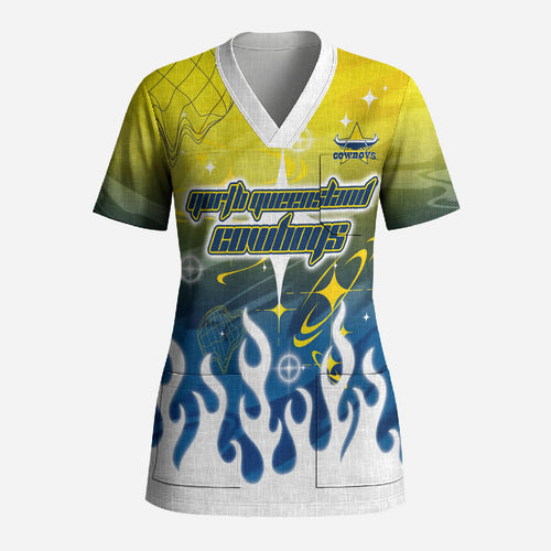 Personalized North Queensland Cowboys Scrub Top Y2K Grunge Aesthetic With Cyber Flames and Starburst Graphics