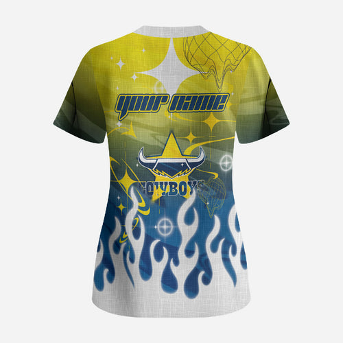 Personalized North Queensland Cowboys Scrub Top Y2K Grunge Aesthetic With Cyber Flames and Starburst Graphics