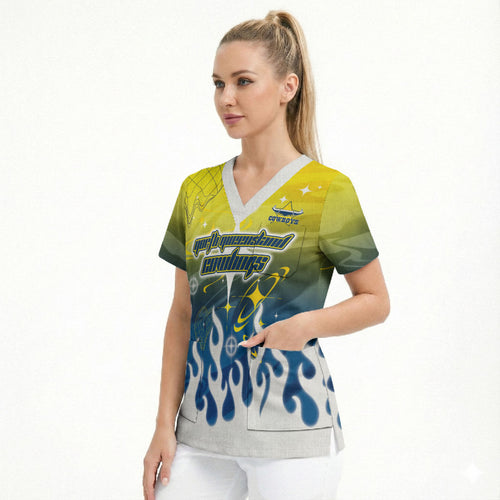 Personalized North Queensland Cowboys Scrub Top Y2K Grunge Aesthetic With Cyber Flames and Starburst Graphics
