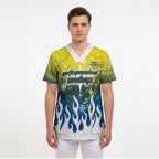 Personalized North Queensland Cowboys Scrub Top Y2K Grunge Aesthetic With Cyber Flames and Starburst Graphics