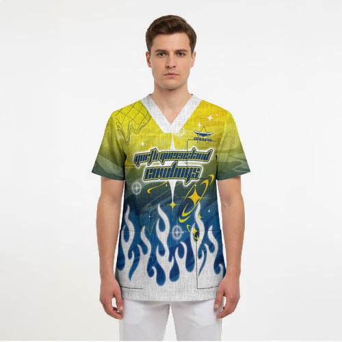 Personalized North Queensland Cowboys Scrub Top Y2K Grunge Aesthetic With Cyber Flames and Starburst Graphics