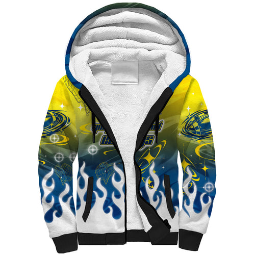 Personalized North Queensland Cowboys Sherpa Hoodie Y2K Grunge Aesthetic With Cyber Flames and Starburst Graphics